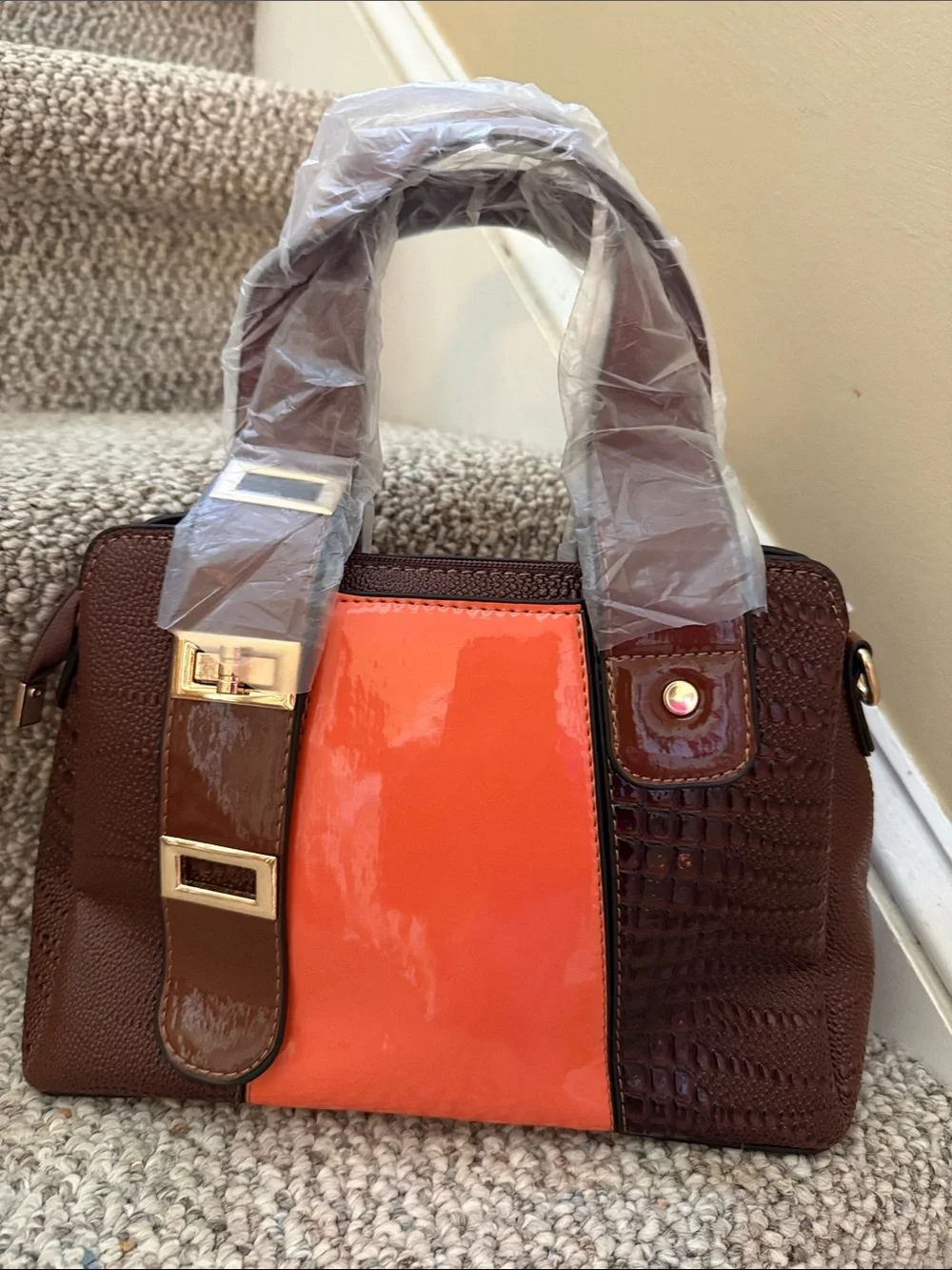 Women's Brown & Orange Structured Tote with Matching Wallet